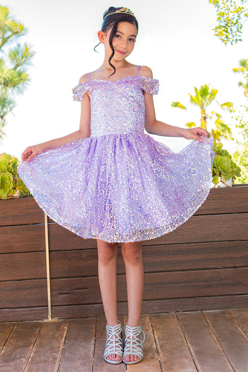 Girls Rainbow Sequin Off Shoulder Short Party Dress, Sizes 2-16 - SophiasStyle.com